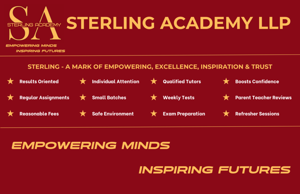 Why Choose Sterling Academy - Results Oriented, Regular Assignments, Reasonable Fees, Individual Attention, Small Batches, Safe Environment, Qualified Tutors, Weekly Tests, Exam preparations, Boosts confidence, Parent Teacher reviews, Refresher sessions and high scoring tips for examinations. Also include mention on testimonials from students, parents and faculty. Sterling Academy specializes in School Tuitions for CBSE & Matriculation / State boards for students studying in Class 1-12. Subjects handled are Maths, Physics, Chemistry, Biology, Computer Science, English, Tamil, Hindi, Accountancy, Commerce, Social Sciences and All Subjects.